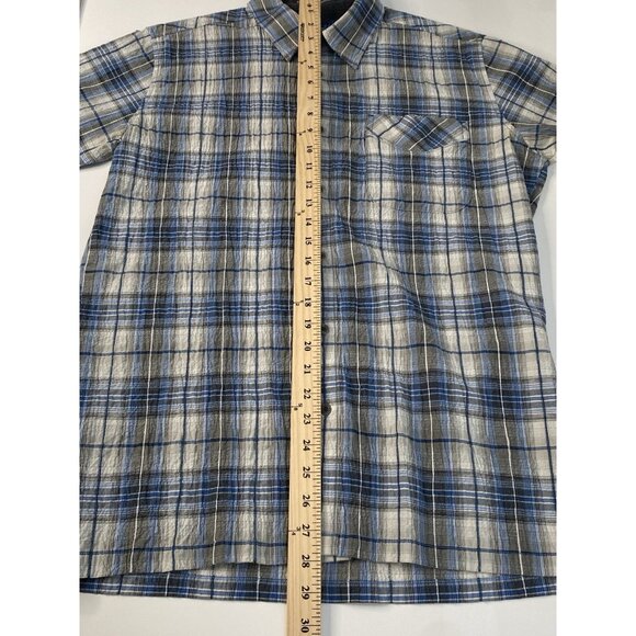 Kuhl Stallion Button Up Short Sleeve Shirt Men’s M Blue White Plaid Seersucker - Picture 11 of 16